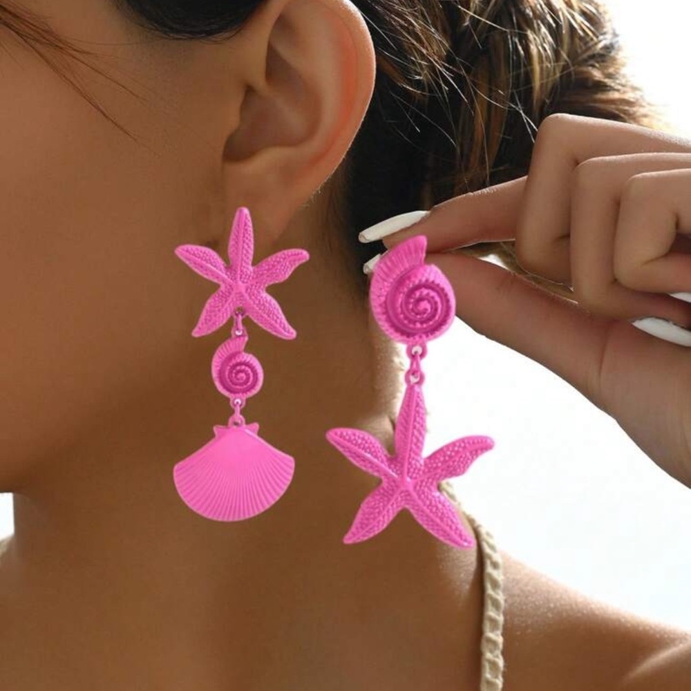 1 Pair Versatile Beach Style Exaggerated Metal Seashell & Starfish Earrings
